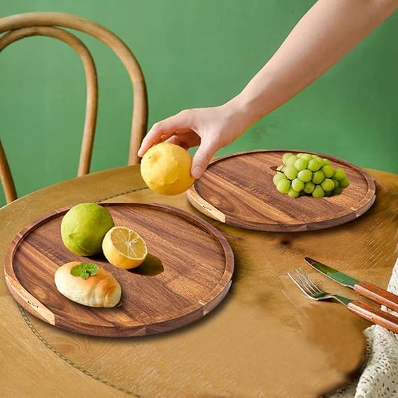 Candle Holder Tray Home Decor, Round Wood Tray for Coffee Table, Small Wooden Serving Decorative Trays for Home