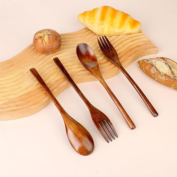Wood Salad Mixing Dinner Fork Long Handle Serving Spoon Set Drink Soup Dessert Wooden Spoon