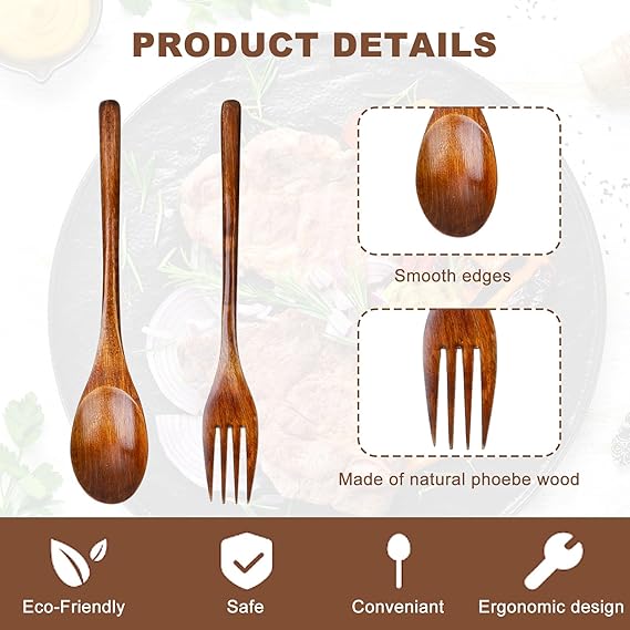 Wood Salad Mixing Dinner Fork Long Handle Serving Spoon Set Drink Soup Dessert Wooden Spoon