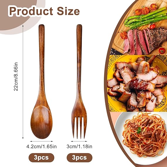Wood Salad Mixing Dinner Fork Long Handle Serving Spoon Set Drink Soup Dessert Wooden Spoon