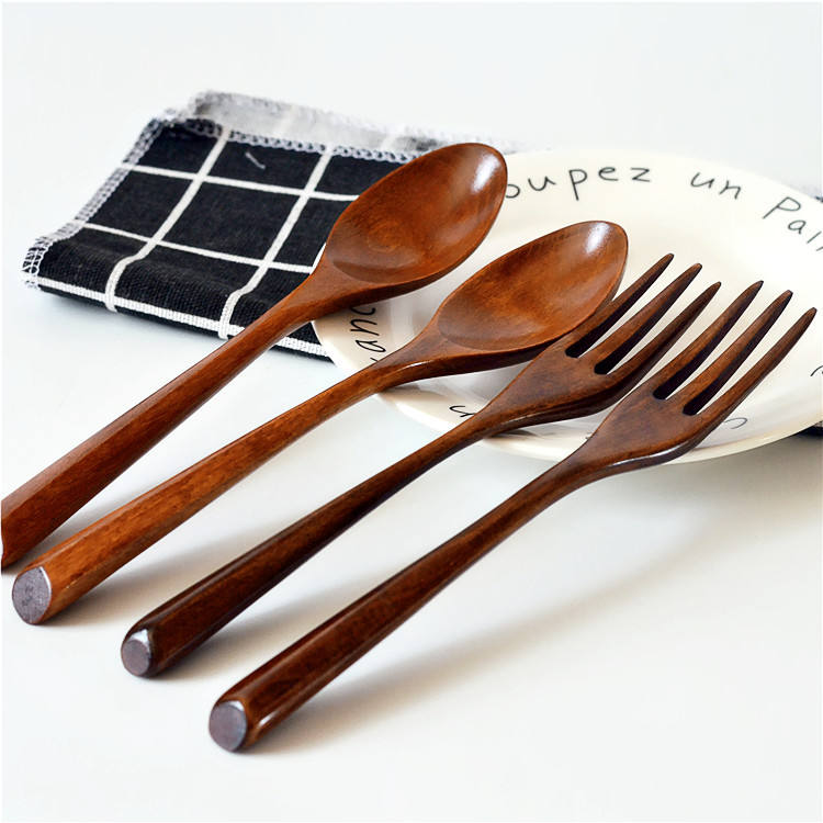 Wood Salad Mixing Dinner Fork Long Handle Serving Spoon Set Drink Soup Dessert Wooden Spoon