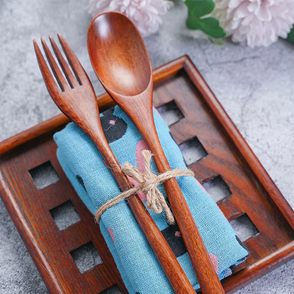 Wood Salad Mixing Dinner Fork Long Handle Serving Spoon Set Drink Soup Dessert Wooden Spoon