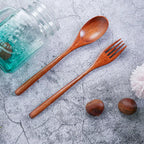 Wood Salad Mixing Dinner Fork Long Handle Serving Spoon Set Drink Soup Dessert Wooden Spoon