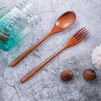 Wood Salad Mixing Dinner Fork Long Handle Serving Spoon Set Drink Soup Dessert Wooden Spoon
