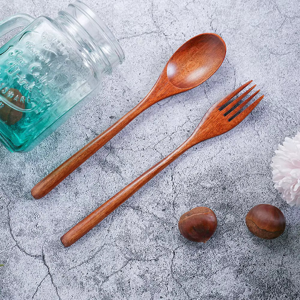 Wood Salad Mixing Dinner Fork Long Handle Serving Spoon Set Drink Soup Dessert Wooden Spoon