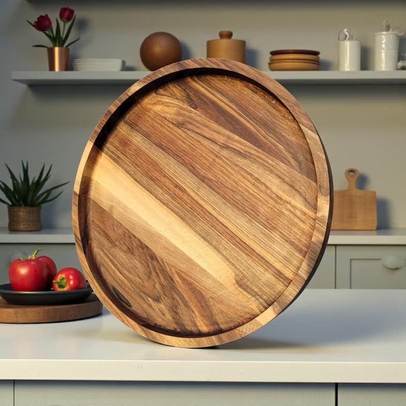 Candle Holder Tray Home Decor, Round Wood Tray for Coffee Table, Small Wooden Serving Decorative Trays for Home