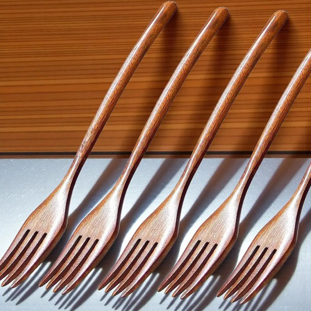 Wood Salad Mixing Dinner Fork Long Handle Serving Spoon Set Drink Soup Dessert Wooden Spoon