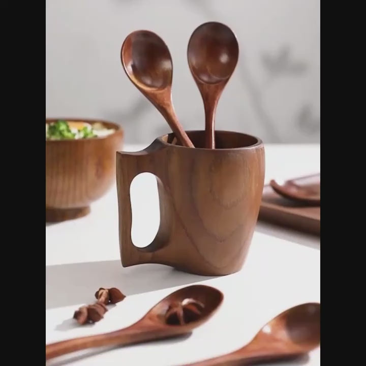 Wood Salad Mixing Dinner Fork Long Handle Serving Spoon Set Drink Soup Dessert Wooden Spoon