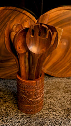 Handcrafted teak wood kitchen utensil set with a premium glass