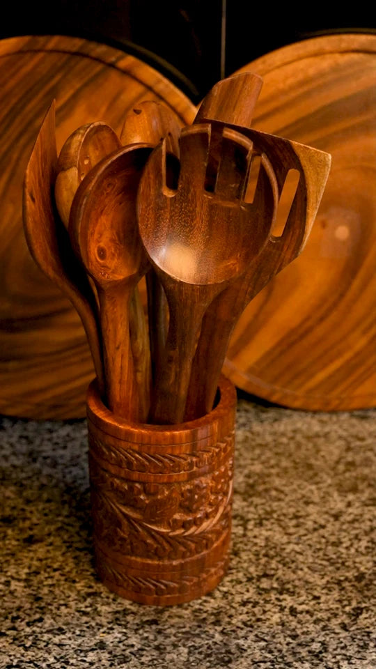 Handcrafted teak wood kitchen utensil set with a premium glass