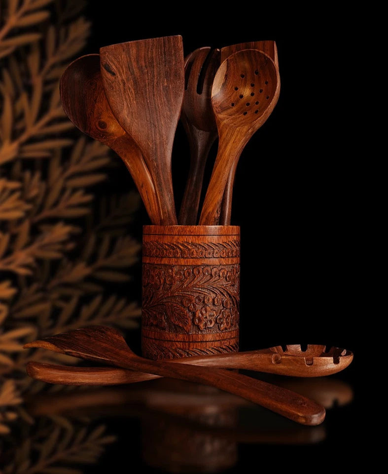 Handcrafted teak wood kitchen utensil set with a premium glass