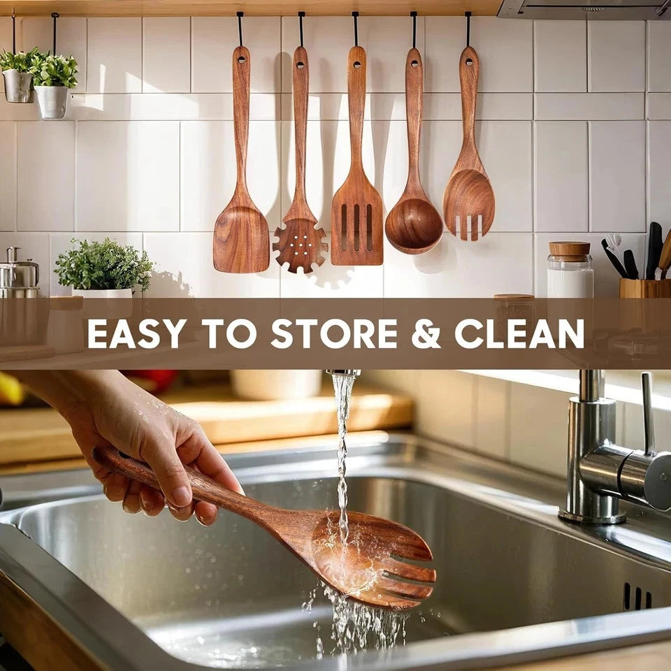 Handcrafted teak wood kitchen utensil set with a premium glass
