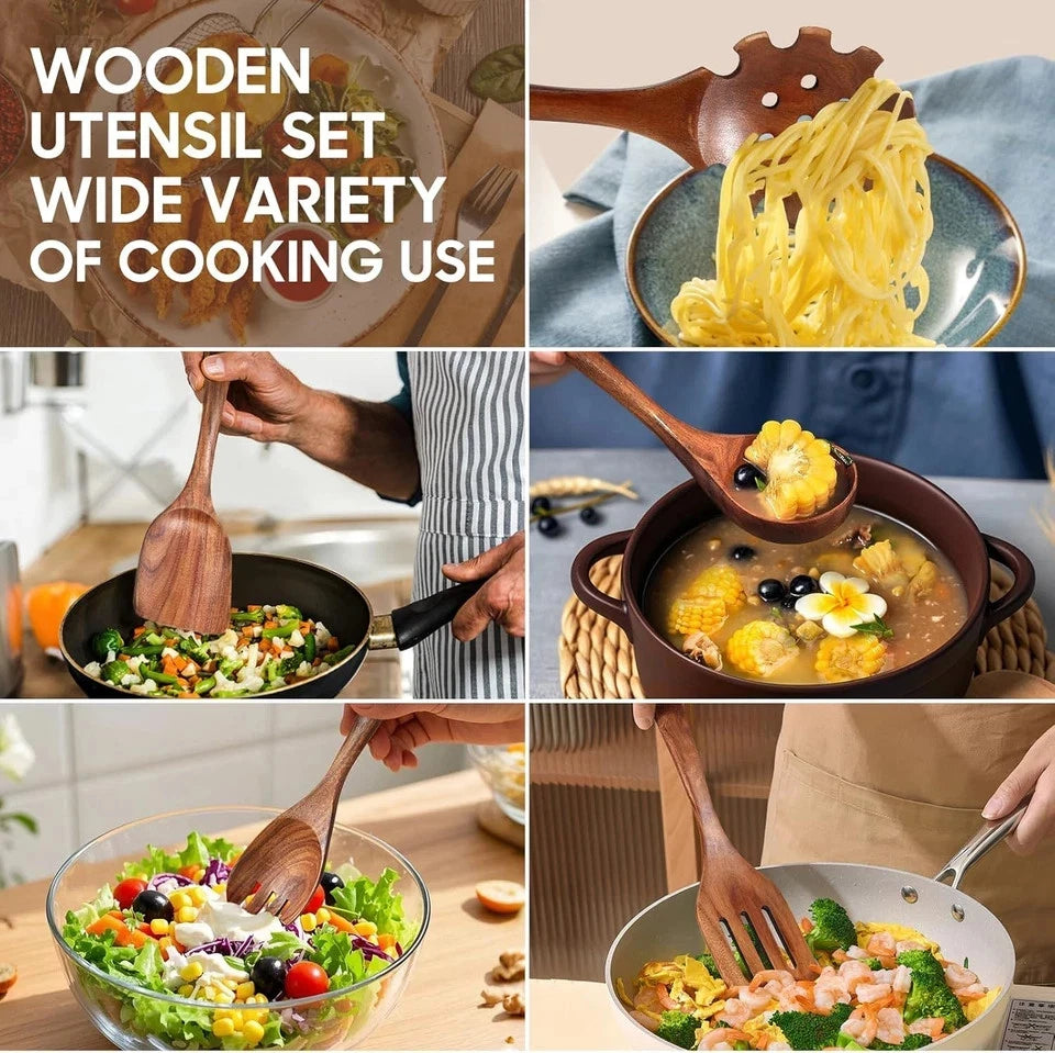 Handcrafted teak wood kitchen utensil set with a premium glass