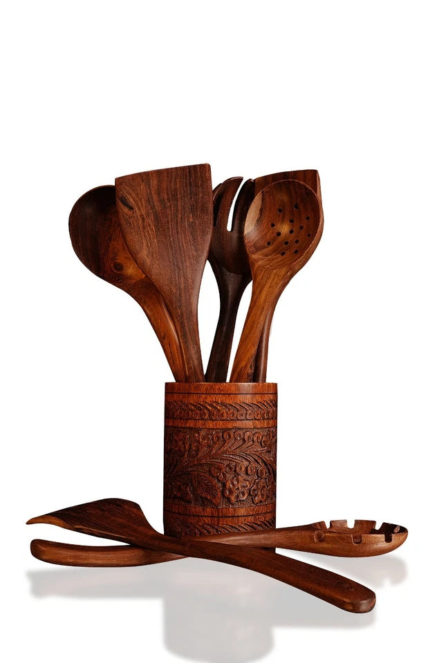Handcrafted teak wood kitchen utensil set with a premium glass
